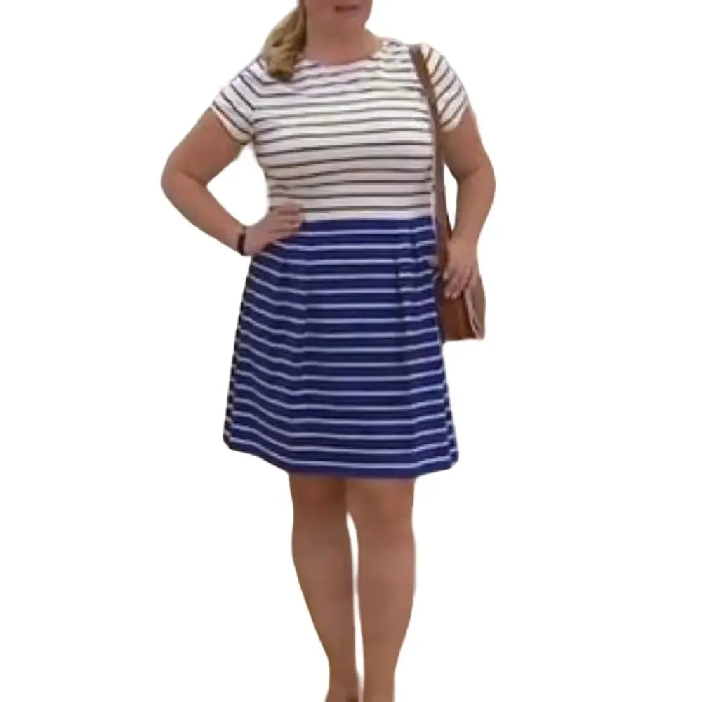 Isaac Mizrahi Live Size L Ink Blue Stripe Short Sleeve Fit & Flare Knit Dress - Picture 2 of 10